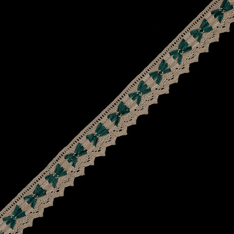 Beige Crochet Trim with Green Chenille Inserts - 1.5"