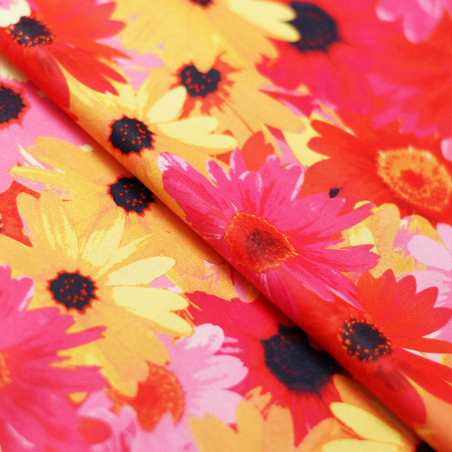 Garden Delight Poly Spandex Fabric - Orange Pink Floral Garden Print, 58/60" Width (1 Yard)