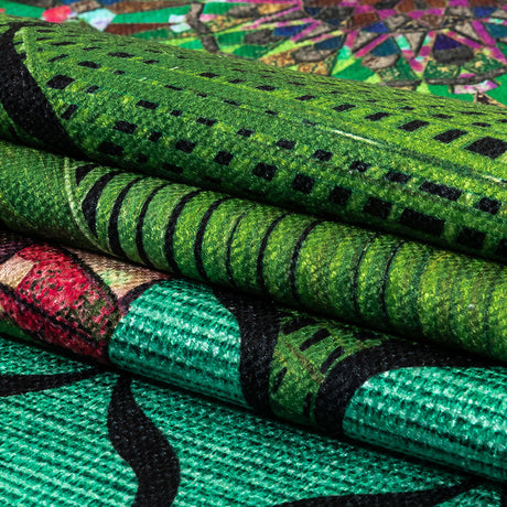 Green, Baja Blue and Orange Mandalas and Leaves Printed Polyester Chenille