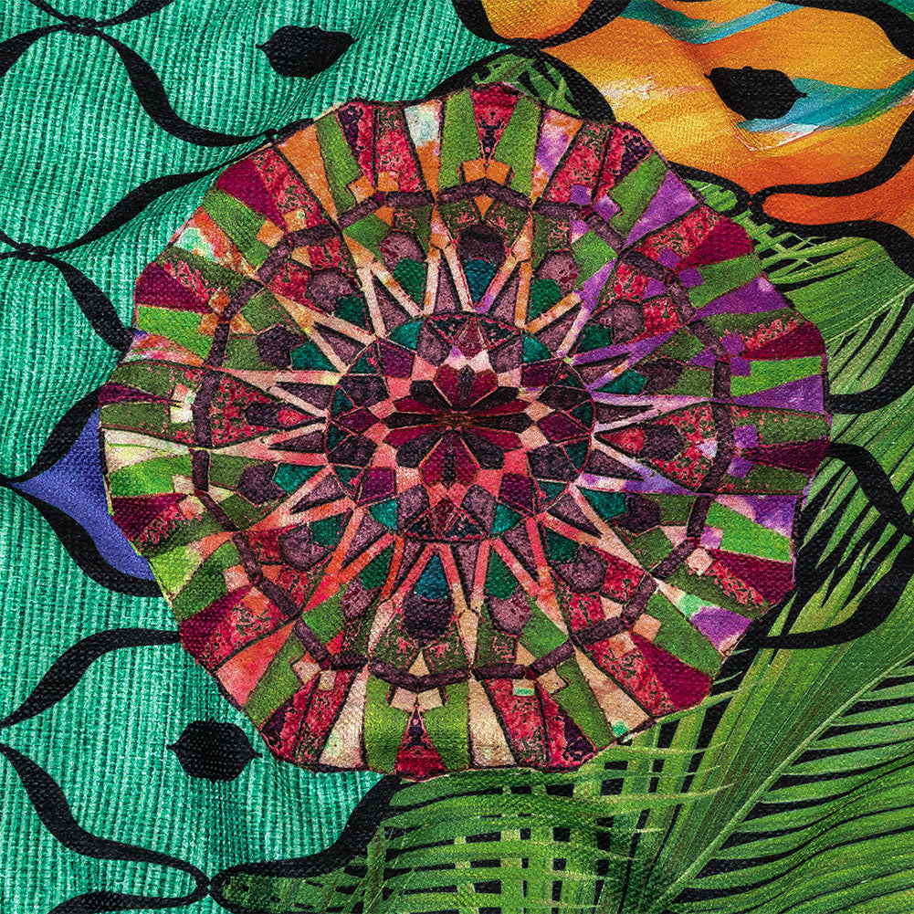 Green, Baja Blue and Orange Mandalas and Leaves Printed Polyester Chenille