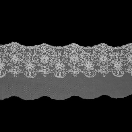Off-White Floral Embroidered Mesh Trim with a Scalloped Edge - 5.5"