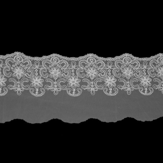 Off-White Floral Embroidered Mesh Trim with a Scalloped Edge - 5.5"