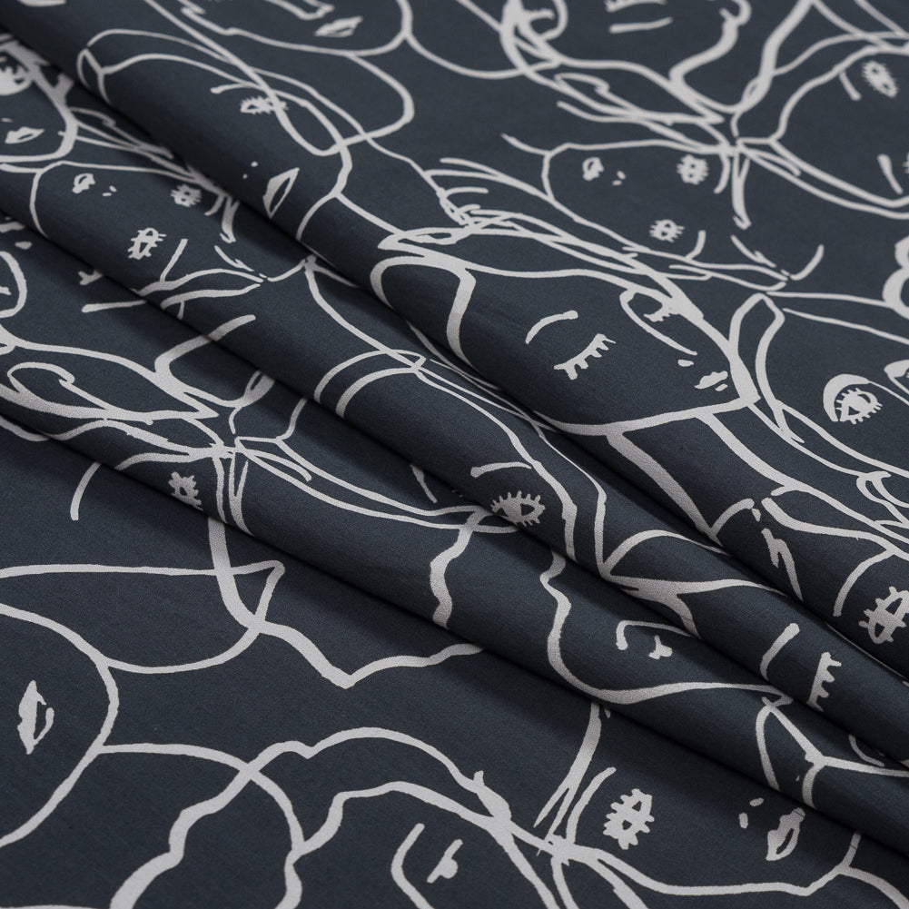 Cotton Poplin - Charcoal Linework Faces - Un dia en Andorra Print - Mood Exclusive Felipe Collection