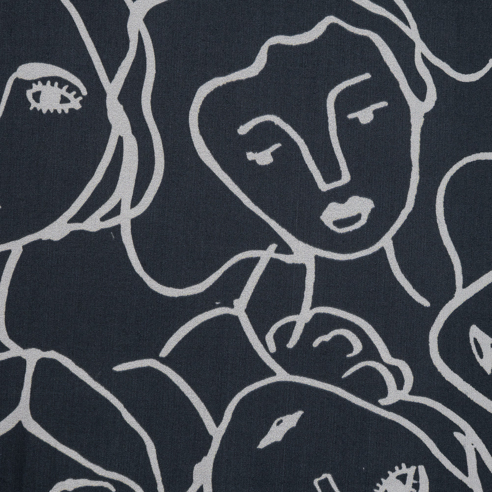 Cotton Poplin - Charcoal Linework Faces - Un dia en Andorra Print - Mood Exclusive Felipe Collection