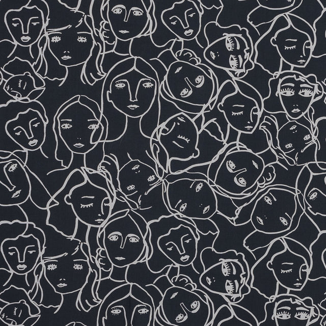 Cotton Poplin - Charcoal Linework Faces - Un dia en Andorra Print - Mood Exclusive Felipe Collection