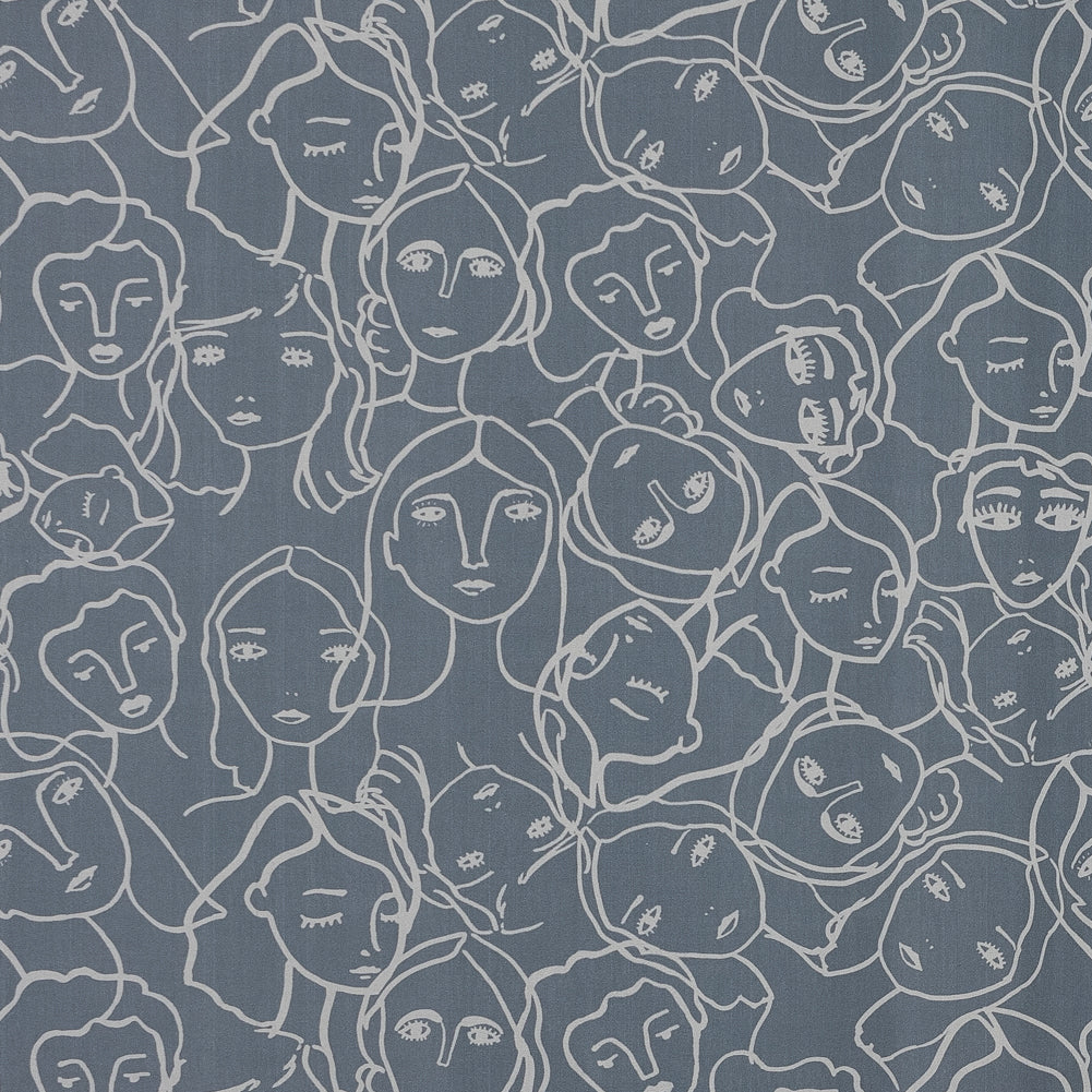 Cotton Poplin - Steel Gray Linework Faces - Un dia en Andorra Print - Mood Exclusive Felipe Collection
