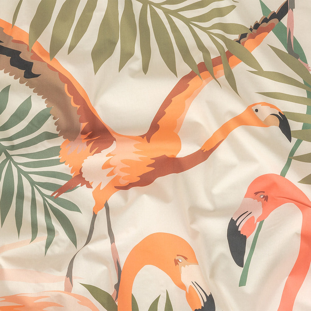 European Ivory, Shell Coral and Burnt Coral Flamingo Printed Cotton Poplin