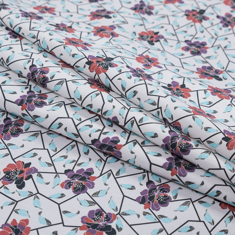 European Red and Angel Blue Floral and Feathered Cotton Poplin