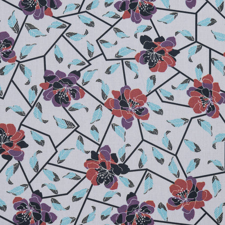 European Red and Angel Blue Floral and Feathered Cotton Poplin