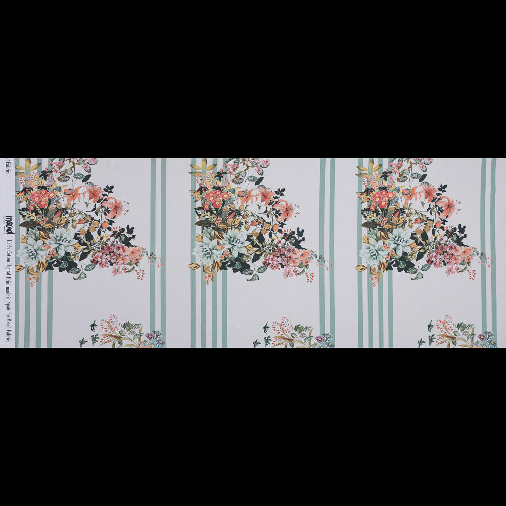 Cotton Poplin - White and Mint Floral on Stripes - La Floristeria Print - Mood Exclusive Felipe Collection