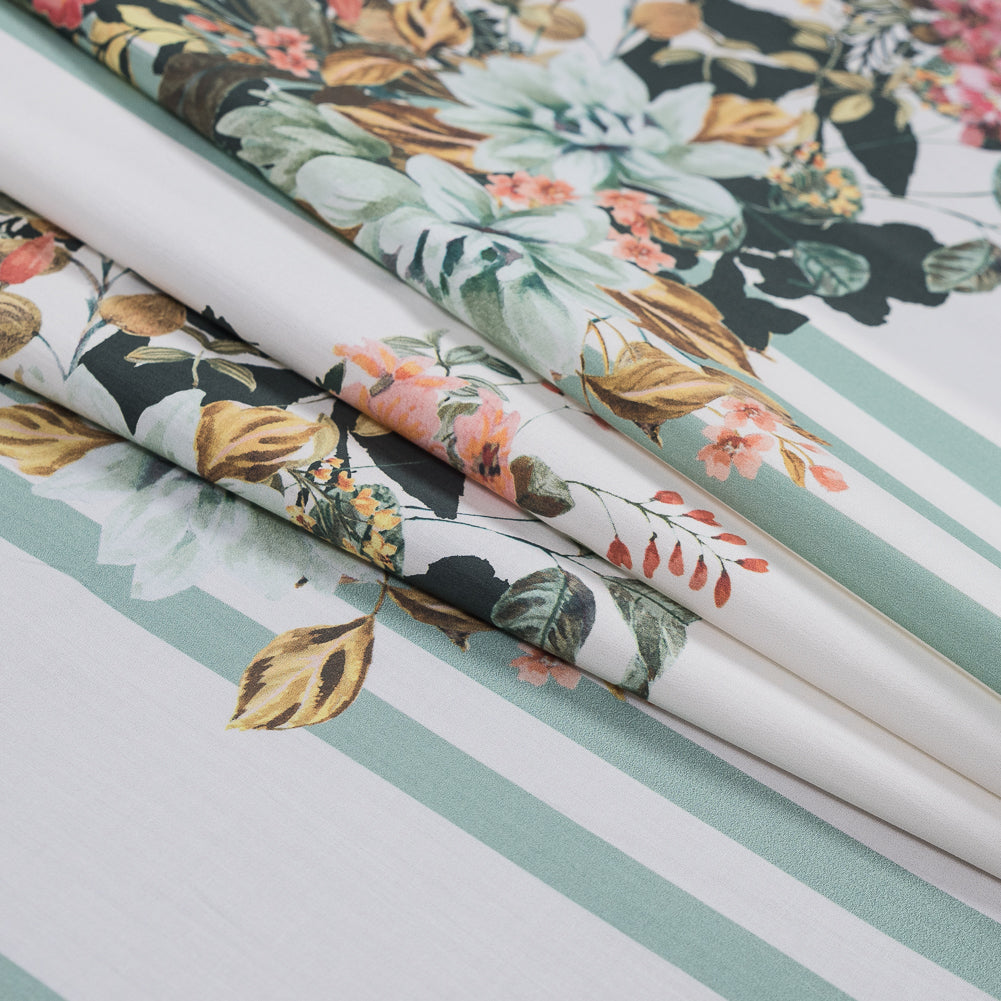 Cotton Poplin - White and Mint Floral on Stripes - La Floristeria Print - Mood Exclusive Felipe Collection