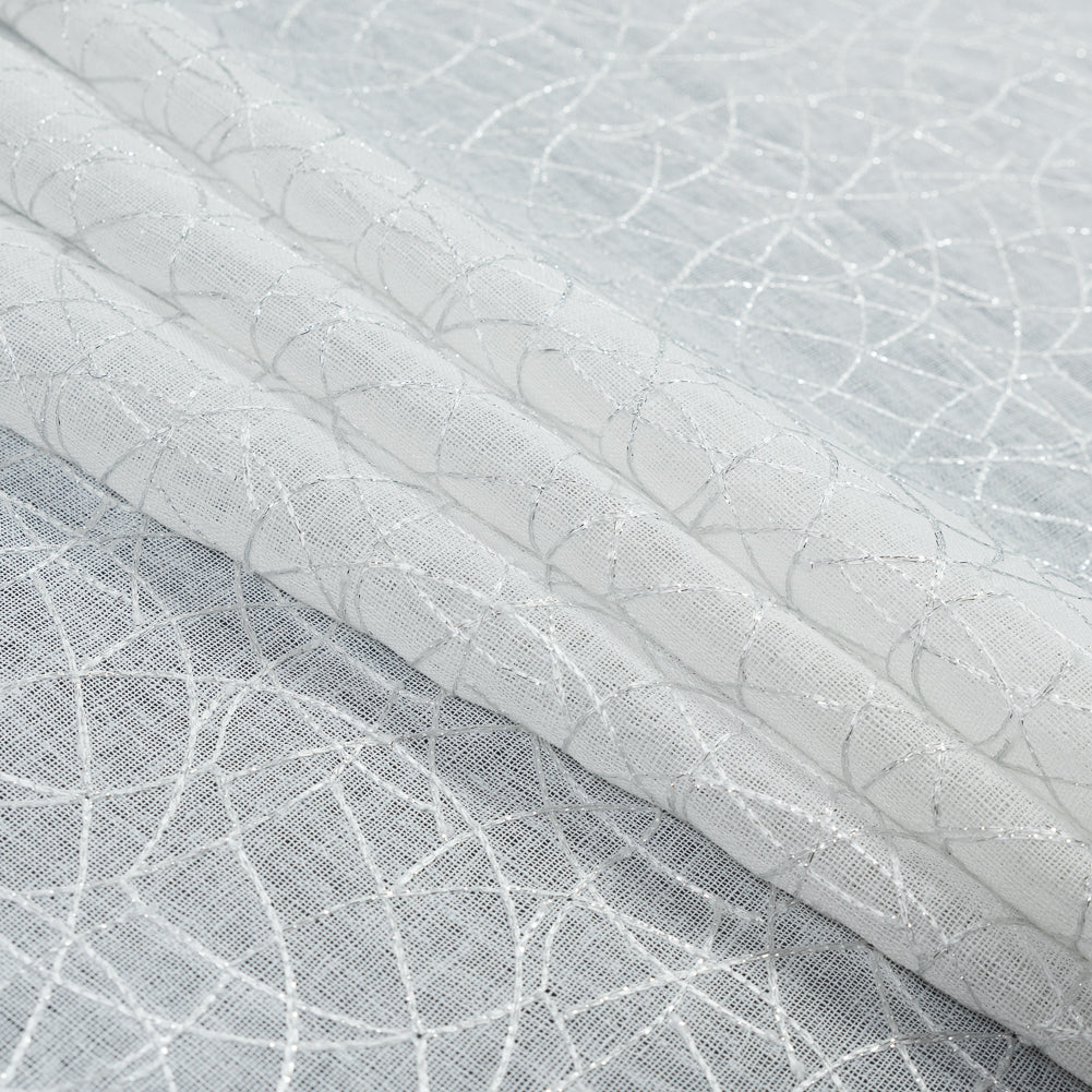 White and Metallic Silver Embroidered Drapery Sheer