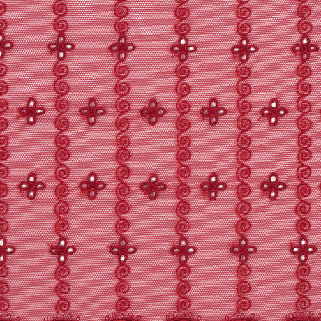 Red Embroidered and Eyelet Mesh with Finished Edges - 7.75"