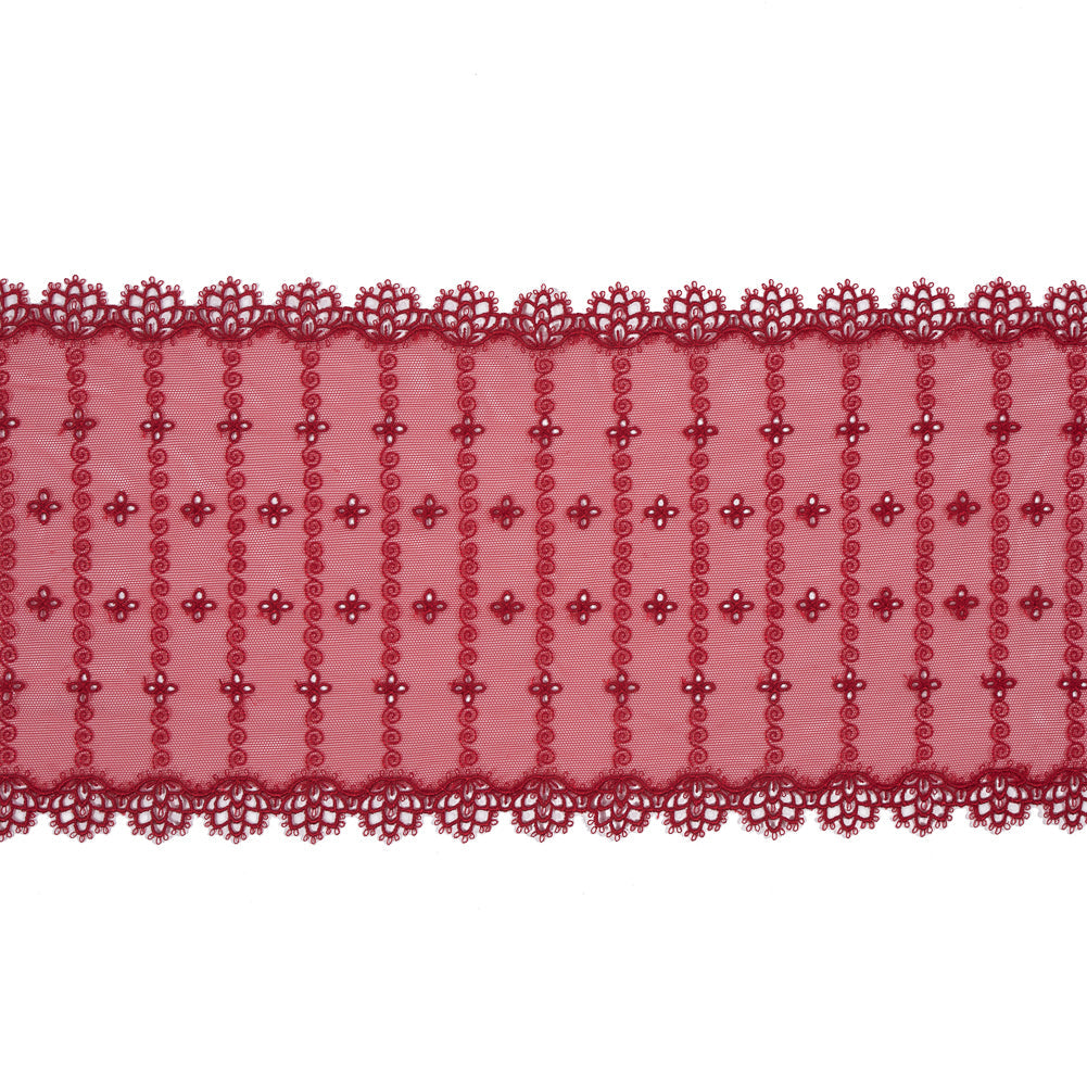 Red Embroidered and Eyelet Mesh with Finished Edges - 7.75"