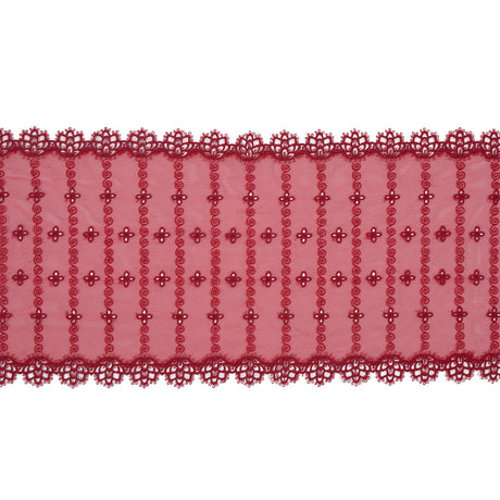 Red Embroidered and Eyelet Mesh with Finished Edges - 7.75"