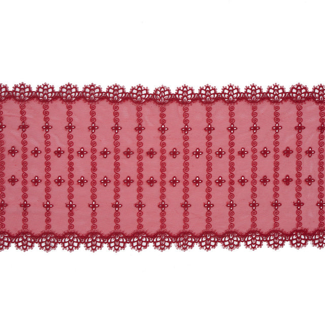 Red Embroidered and Eyelet Mesh with Finished Edges - 7.75"