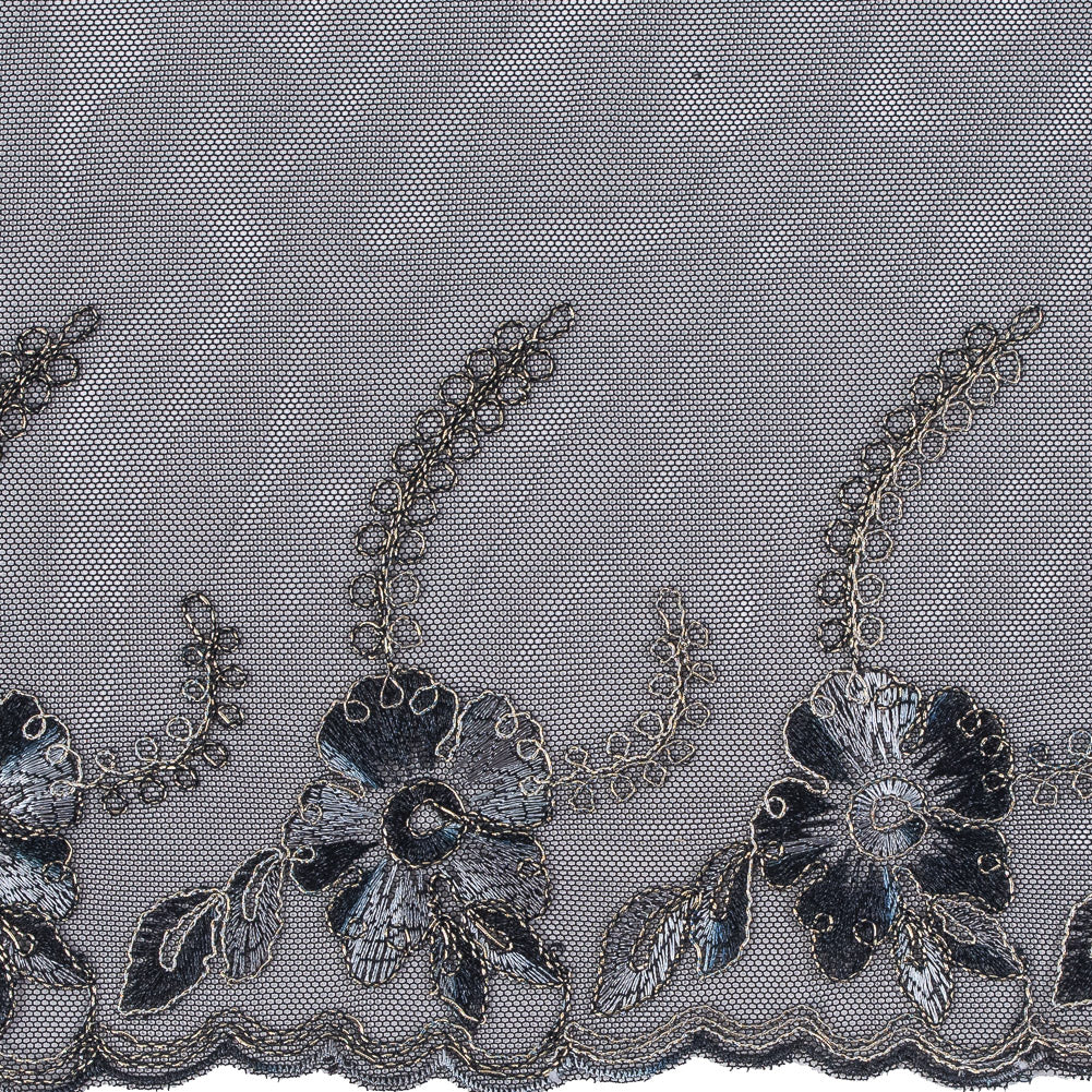 Black and Metallic Gold Embroidered Mesh with a Scalloped Edge - 7"