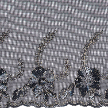 Black and Metallic Gold Embroidered Mesh with a Scalloped Edge - 7"