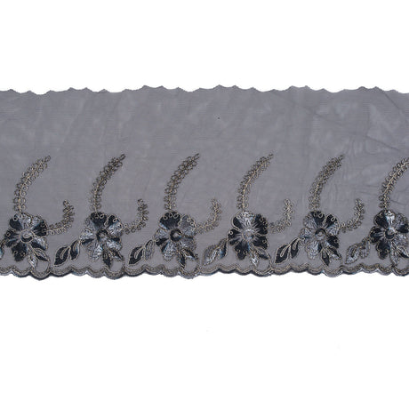 Black and Metallic Gold Embroidered Mesh with a Scalloped Edge - 7"