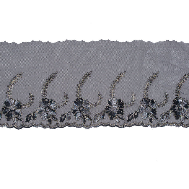Black and Metallic Gold Embroidered Mesh with a Scalloped Edge - 7"