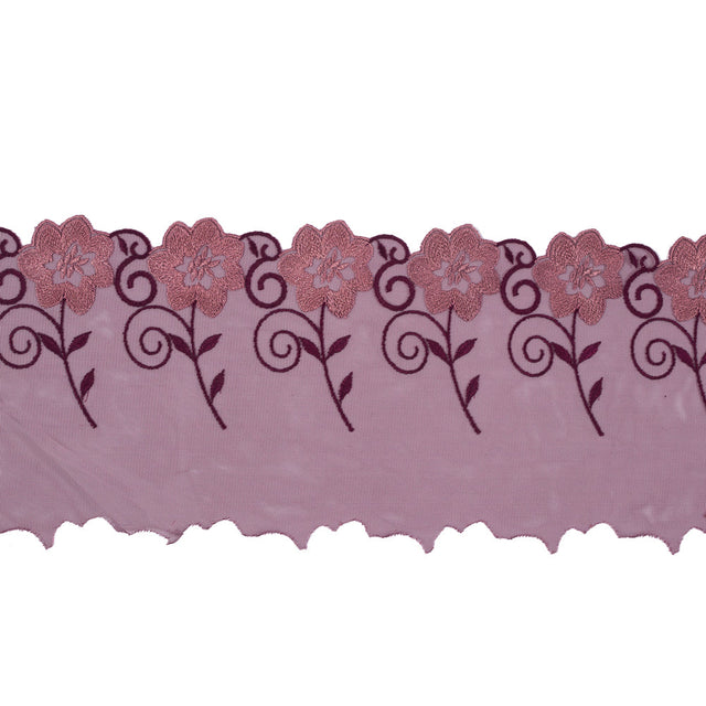 Red and Metallic Gold Embroidered Mesh with a Scalloped Edge - 7"