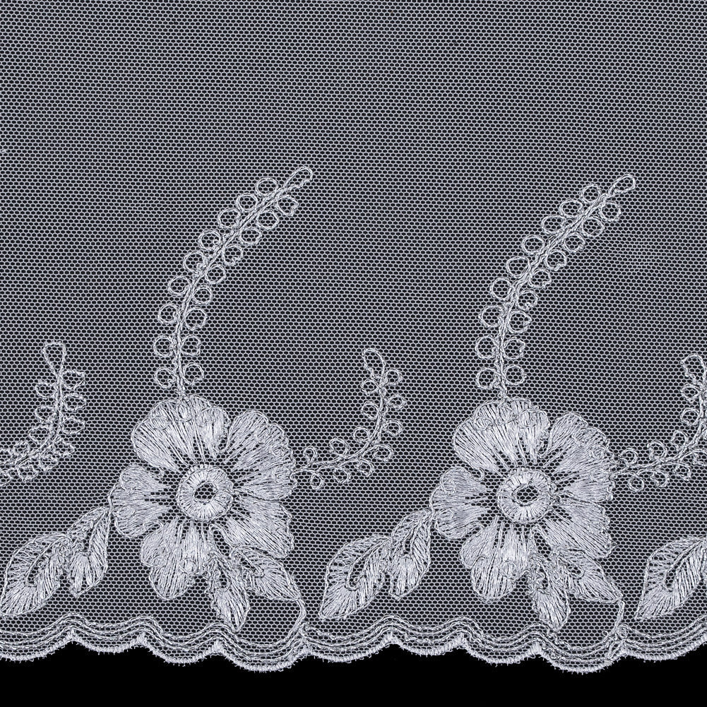White and Metallic Silver Embroidered Mesh with a Scalloped Edge - 7"