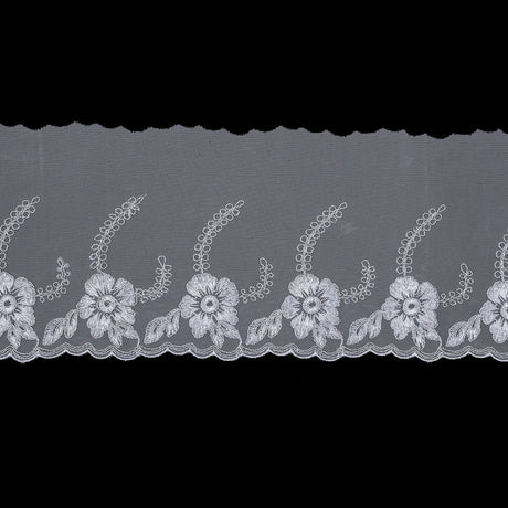 White and Metallic Silver Embroidered Mesh with a Scalloped Edge - 7"