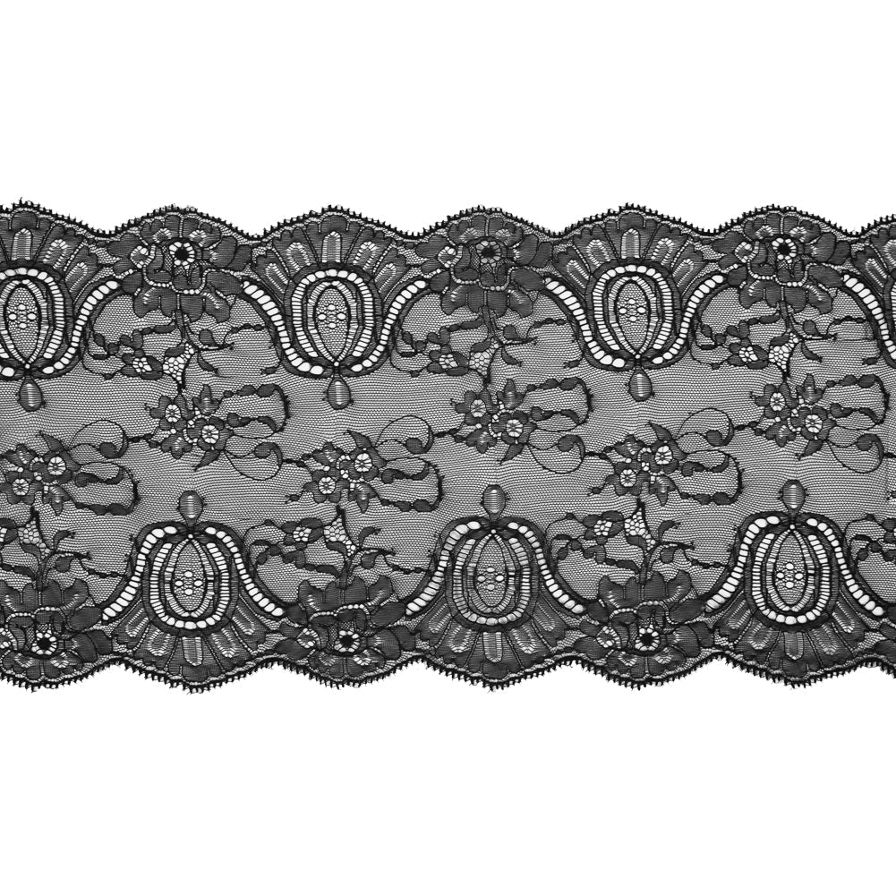 Black Double Scallop Fine Floral Lace Trim - 9.5"