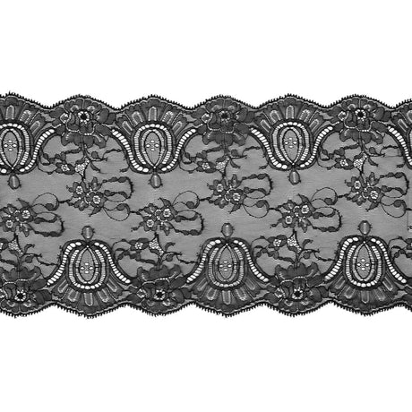 Black Double Scallop Fine Floral Lace Trim - 9.5"