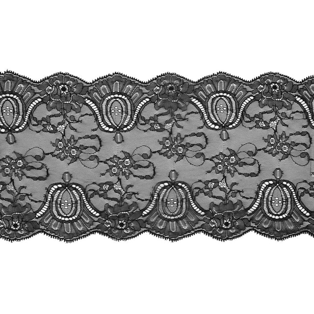 Black Double Scallop Fine Floral Lace Trim - 9.5"