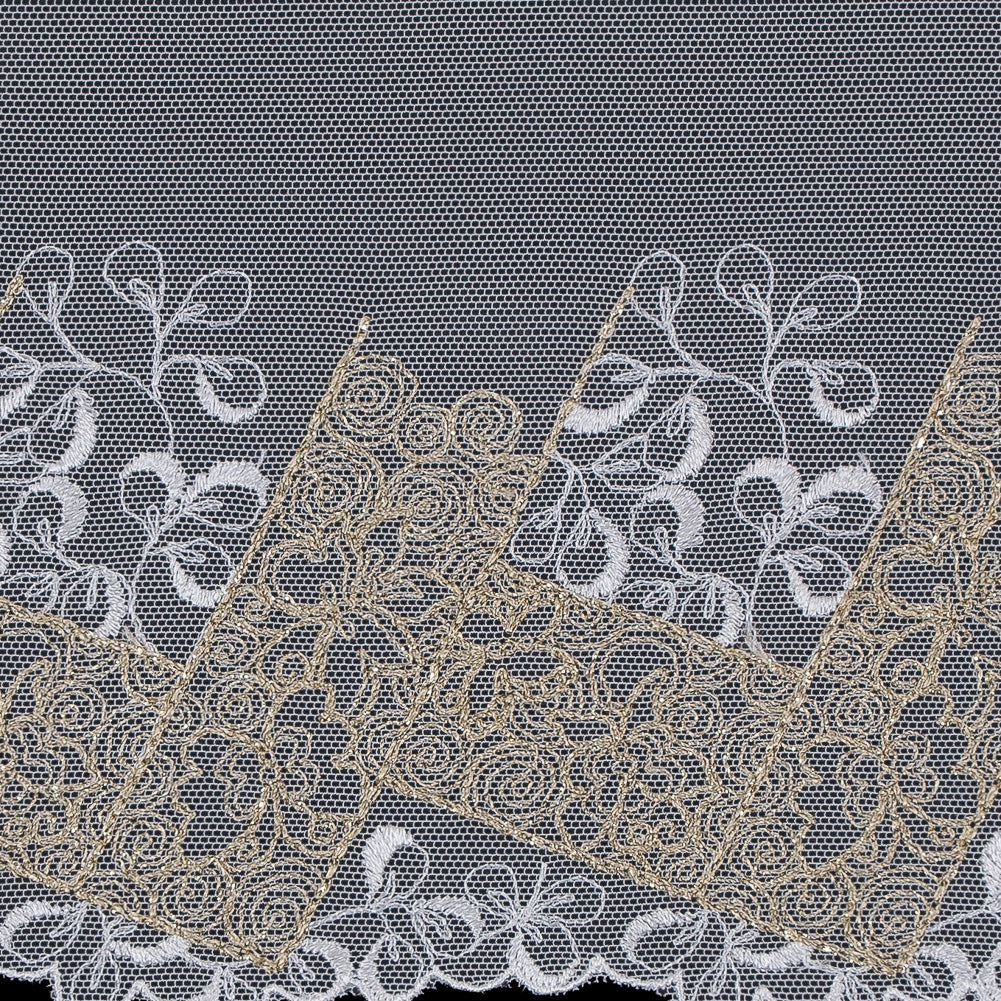 White and Metallic Gold Embroidered Mesh - 6"