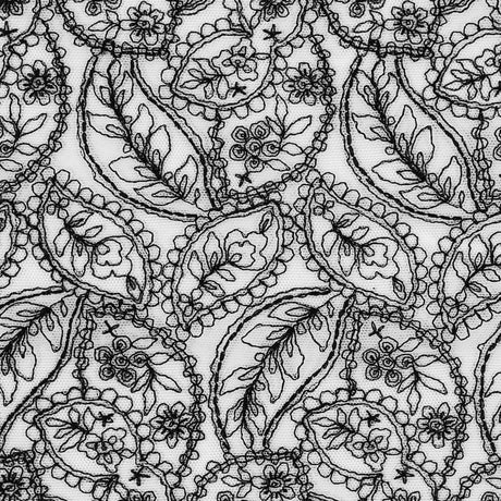 White Mesh Trim with Black Foliage Embroidery - 8"