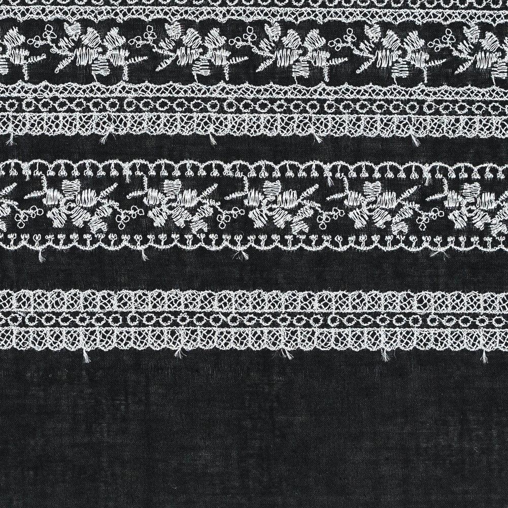 Black and White Striped Floral Embroidered Trim - 6"