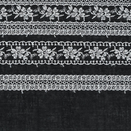 Black and White Striped Floral Embroidered Trim - 6"