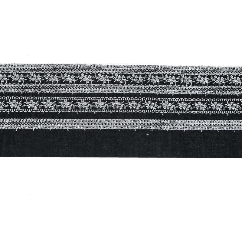 Black and White Striped Floral Embroidered Trim - 6"