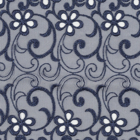 Maritime Blue Floral Embroidered Mesh - 8"