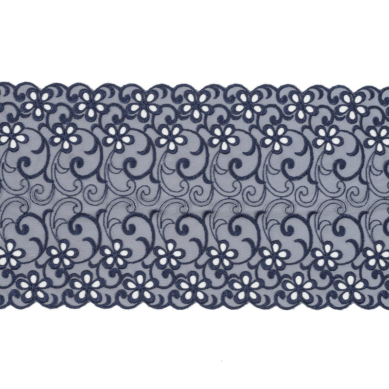 Maritime Blue Floral Embroidered Mesh - 8"