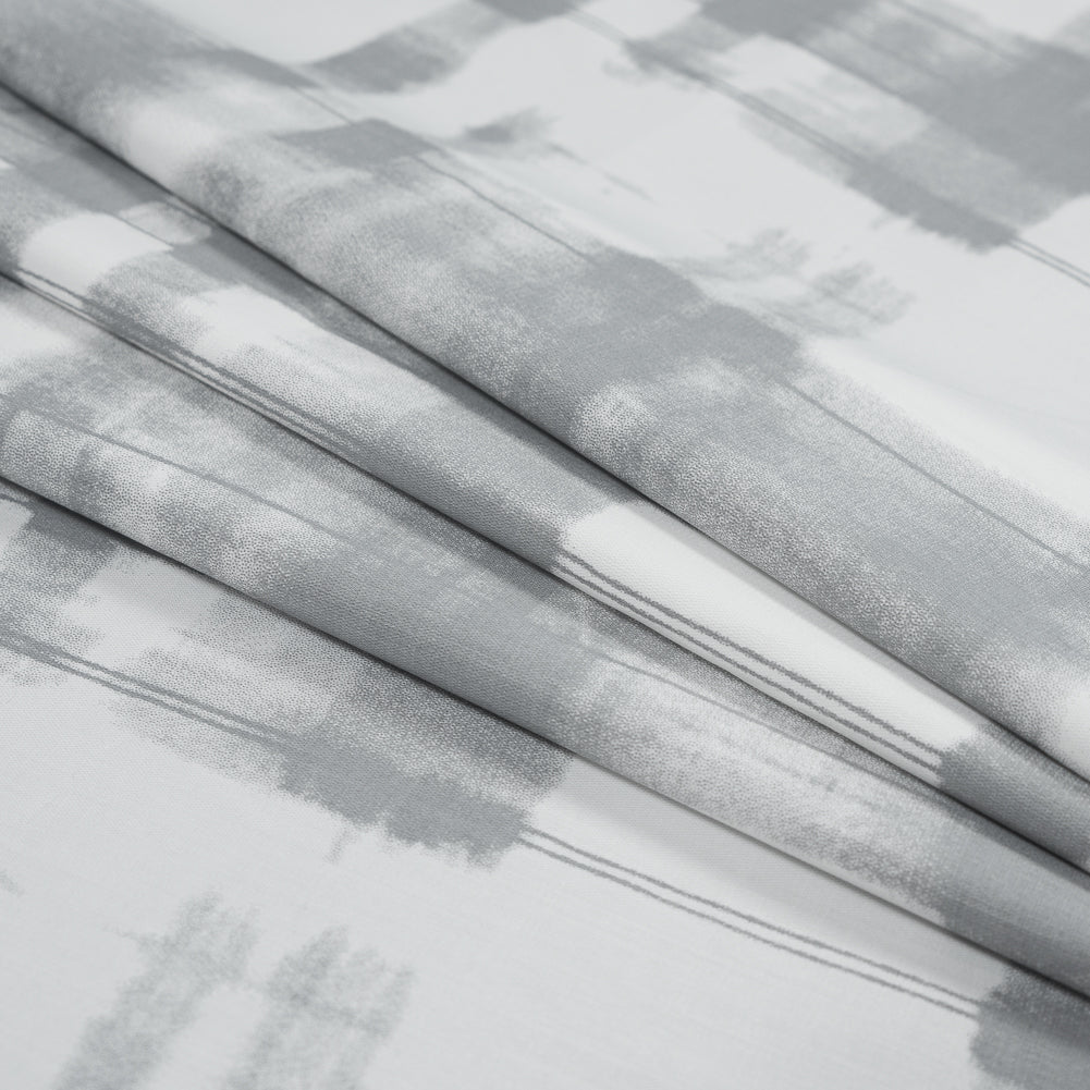 Gray and White Painterly Plaid Printed Cotton Crepe