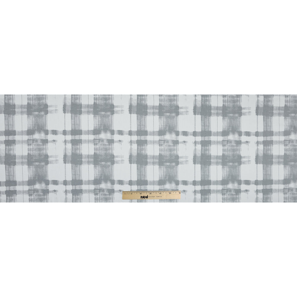 Gray and White Painterly Plaid Printed Cotton Crepe