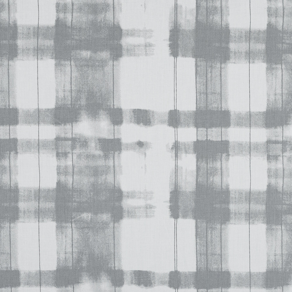 Gray and White Painterly Plaid Printed Cotton Crepe