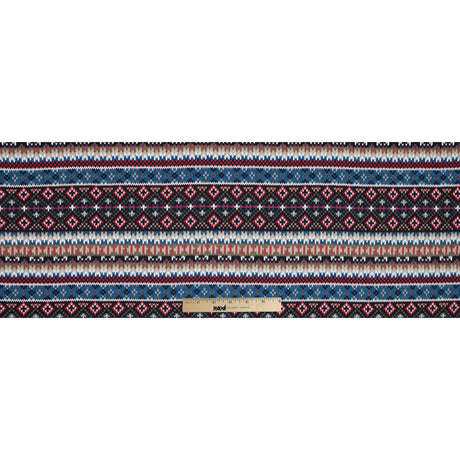 Blue, Red and Beige Geometric Cotton and Viscose Poplin