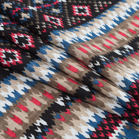 Blue, Red and Beige Geometric Cotton and Viscose Poplin