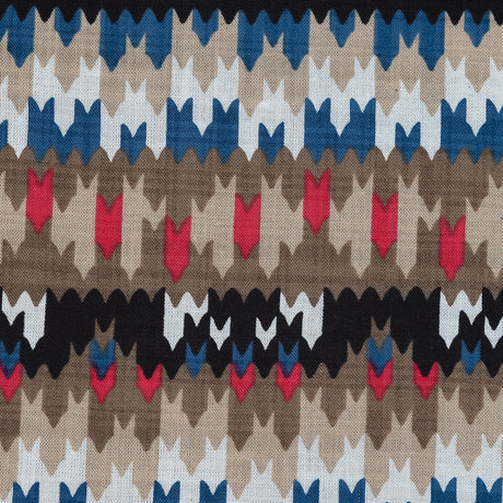Blue, Red and Beige Geometric Cotton and Viscose Poplin