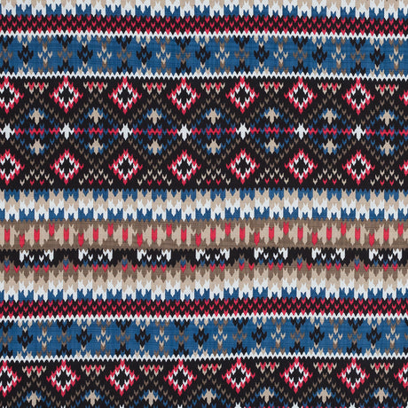Blue, Red and Beige Geometric Cotton and Viscose Poplin