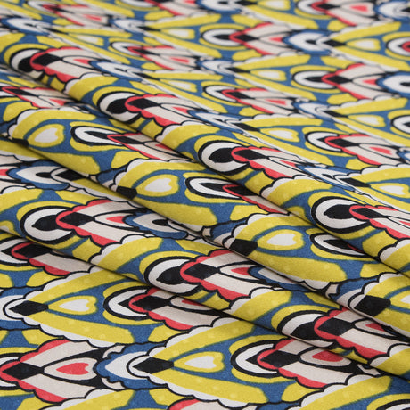 Yellow. Blue and Red Printed Stretch Cotton Sateen