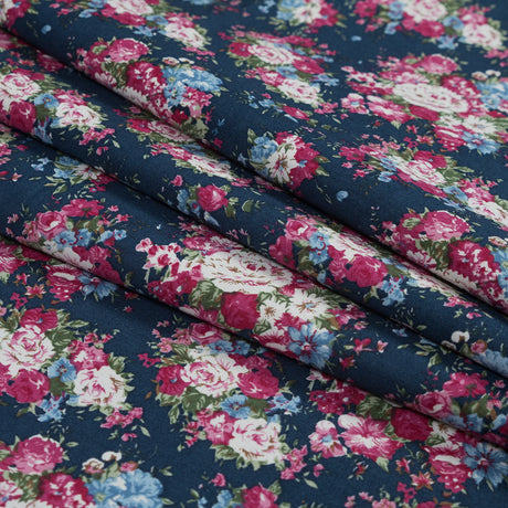 Wild Rose Pink and Insignia Blue Floral Cotton Twill