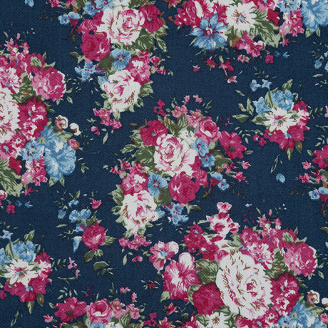 Wild Rose Pink and Insignia Blue Floral Cotton Twill