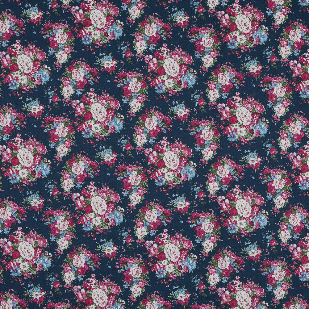 Wild Rose Pink and Insignia Blue Floral Cotton Twill