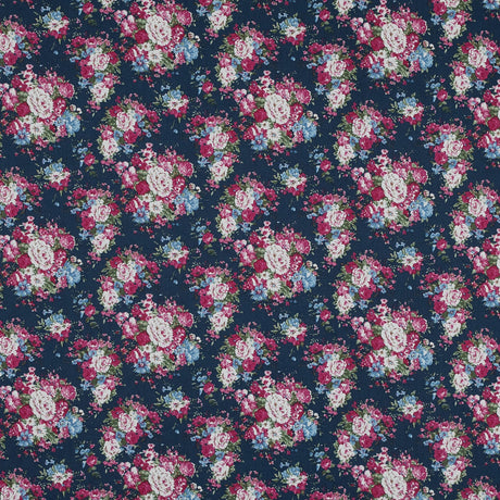 Wild Rose Pink and Insignia Blue Floral Cotton Twill