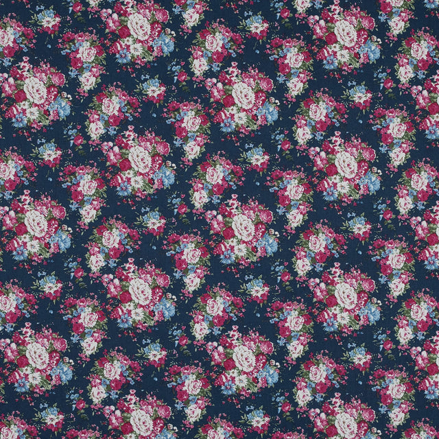 Wild Rose Pink and Insignia Blue Floral Cotton Twill